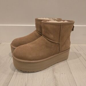 UGG Tan Suede Platform Short Boots with Shearling